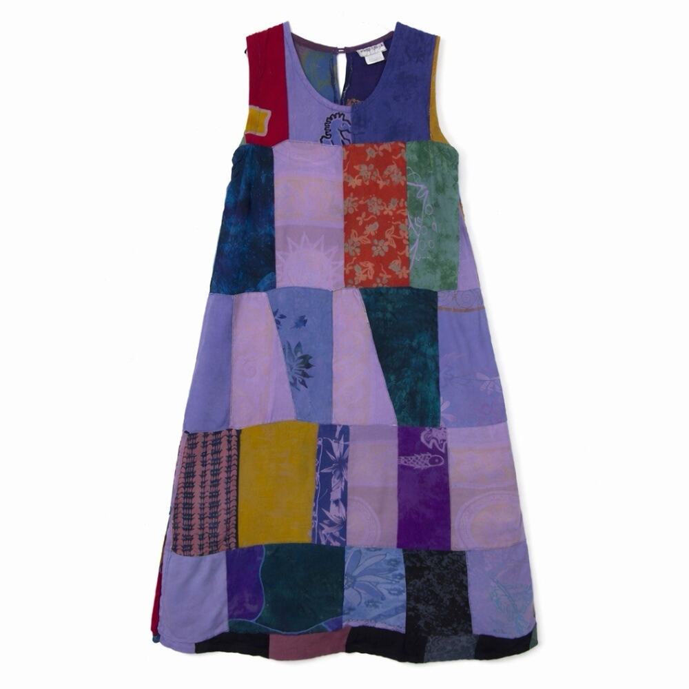 Vintage 90s Silver Stream Boho Patchwork Rayon Maxi Dress A Line Size S A-Line